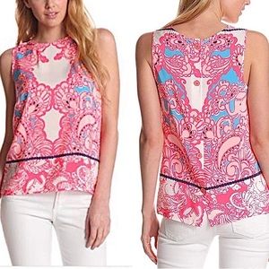 Lilly Pulitzer Iona Shell Engineered Safari silk pink back buttons preppy resort